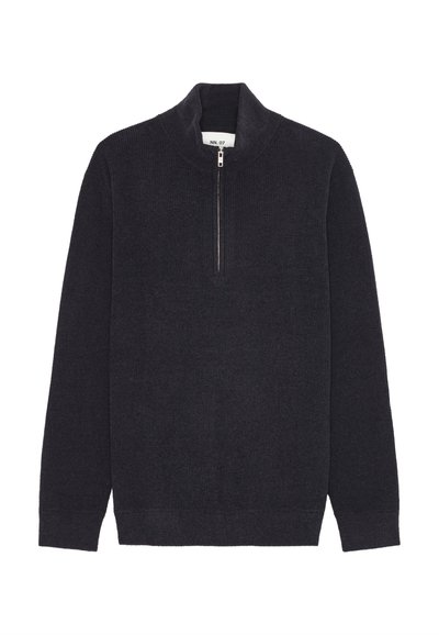 Short-sleeve, dark gray pullover sweater with a high collar and a half-zip closure; textured knit pattern throughout.
