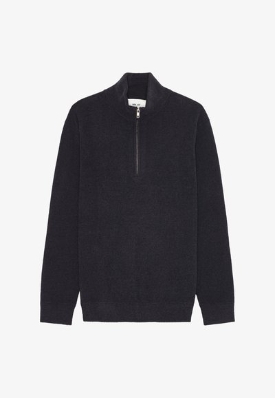 Short-sleeve, dark gray pullover sweater with a high collar and a half-zip closure; textured knit pattern throughout.