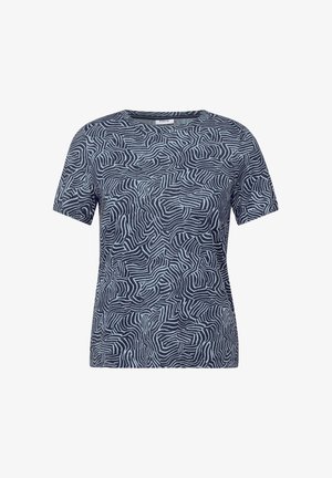 Camiseta de manga corta con una base azul marino y un patrón de líneas onduladas abstractas en azul claro. Cuello redondo, tela de algodón suave, ajuste casual.