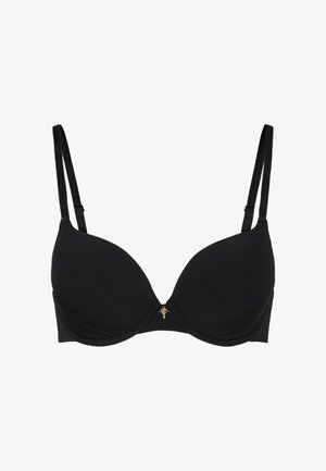 Zwarte onderwired beha van soepele stof, met gevormde cups, verstelbare bandjes en een klein gouden embleem aan de voorkant in het midden.