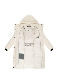 Vit puffjacka med huva, med en texturerad innerfoder, kontrasterande svarta muddarna och flera inre fickor med ikoner.
