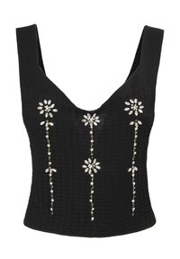 Top da donna nero a costine con scollo a V e spalline larghe. Presenta decorazioni floreali di gemme trasparenti sul davanti.