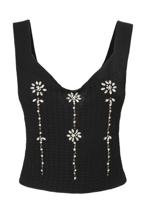 Top da donna nero a costine con scollo a V e spalline larghe. Presenta decorazioni floreali di gemme trasparenti sul davanti.