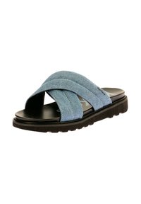 Sandal in denim con fasce incrociate in tessuto blu, soletta nera e suola in gomma testurizzata per una buona aderenza. Design semplice e informale.