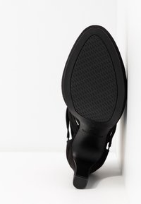 Semelle d'une chaussure à talon haut noire avec une surface antidérapante, vue de dessous sur fond blanc.