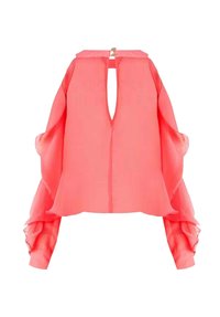 Camicia rosa trasparente con maniche lunghe arricciate e apertura a goccia sul retro, con chiusura a bottone e vestibilità rilassata.