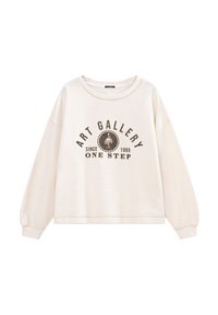 Kremowy, oversize'owy sweatshirt z długimi rękawami, okrągłym dekoltem i graficznym nadrukiem w kolorze brązowym z napisem "GALERIA SZTUKI OD 1995 JEDEN KROK."