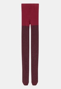 Collants bordô com uma seção superior lisa e uma seção inferior texturizada e brilhante. Material suave com um design ajustado.