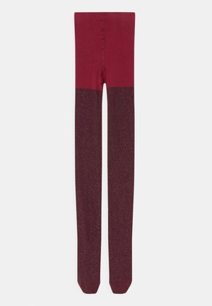 Collants bordô com uma seção superior lisa e uma seção inferior texturizada e brilhante. Material suave com um design ajustado.