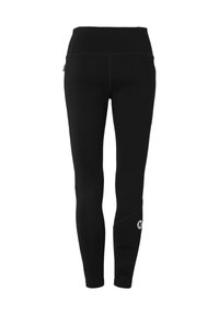 Sorte leggings med høj talje, lavet af strækbart materiale. Har diskret syninger og et lille logo nær anklen.