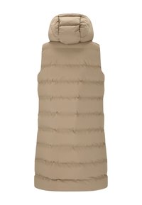 Beige puffer-vesti, jossa on korkea, pyöreä kaulus ja vaakasuora ommel. Etuosassa on sileä pinta, kun taas takaosa on saumaton muotoilu.