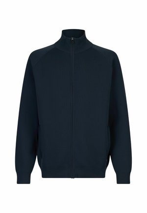 Sweatshirt zippé bleu marine avec un col haut, des manches raglan, des poignets côtelés et des poches latérales. Fabriqué en tissu doux et texturé.