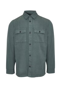 Hemd mit Knopfleiste aus dunkelgrünem Stoff, mit Kragen, zwei Brusttaschen und langen Ärmeln. Strukturiert mit schwarzen Knöpfen.