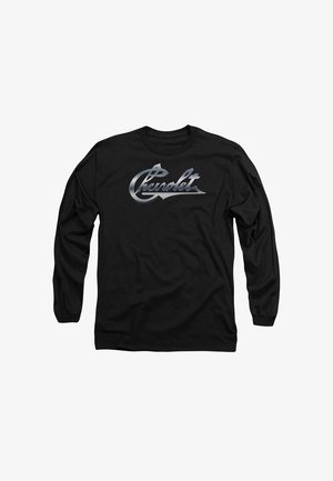 Black long-sleeve T-shirt featuring a metallic silver "Chevrolet" logo on the front. Made from cotton with a smooth texture.