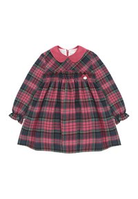 Vestido a cuadros rojo y azul marino con mangas largas, un collar rosa y cintura fruncida. Presenta puños con volantes y un detalle de botones en el frente.