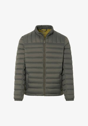 Graue gesteppte Zip-Jacke mit Stehkragen und zwei seitlichen Taschen, präsentiert vor einem weißen Hintergrund.
