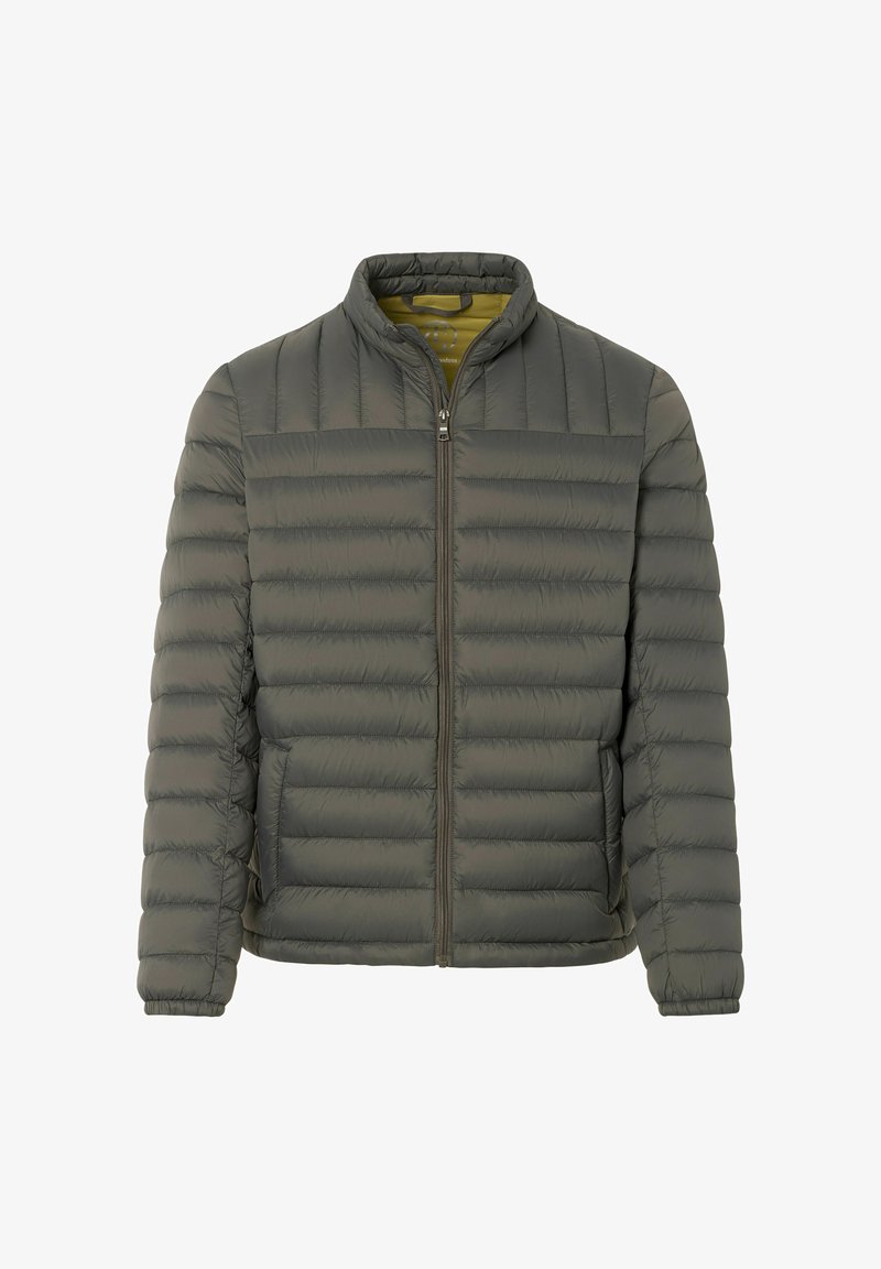 Graue gesteppte Zip-Jacke mit Stehkragen und zwei seitlichen Taschen, präsentiert vor einem weißen Hintergrund.