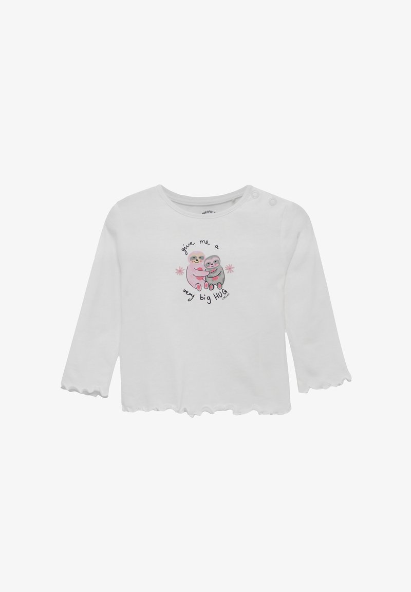 Witte longsleeve met golvende zoom, voorzien van een grafische print van twee luiaards en de tekst "geef me een heel grote HUG" in zwart en roze.