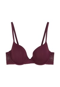 Bra sottile in mauve con coppe lisce e imbottite e un pannello laterale in pizzo con motivi geometrici. Le spalline regolabili completano il design.