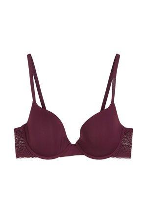 Mauve Unterbrust-BH mit glatten, gepolsterten Cups und einem Spitzen-Seitenpanel mit geometrischen Mustern. Verstellbare Träger vervollständigen das Design.