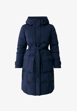 Marineblauer Puffer-Mantel mit tailliertem Gürtel, zwei Fronttaschen, Druckknopfverschluss und Kapuze. Mit gestepptem Design und strapazierfähigem Material.