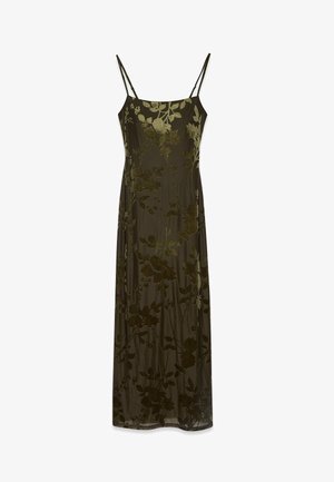 Olivgrünes, ärmelloses Kleid mit floralem Design. Aus leichtem Stoff gefertigt, hat es dünne Träger und eine fließende Silhouette.