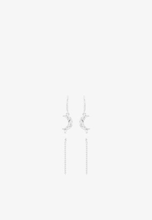 Boucles d'oreilles en forme de croissant de lune en argent avec filigrane fin, petite perle sous la lune et une chaîne délicate pendante en bas.