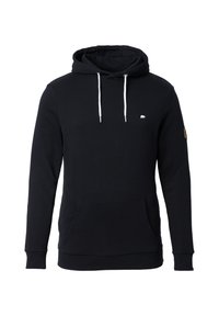 Black hooded sweatshirt with a front pocket, white drawstrings, and a small white bear logo on the chest. Soft fabric with a smooth texture.