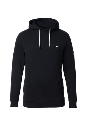 Sudadera con capucha negra, con un bolsillo delantero, cordones blancos y un pequeño logo de oso blanco en el pecho. Tejido suave con una textura lisa.