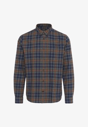 Košela s dlhým rukávom, so zapínaním na gombíky a károvaným vzorom v hnedých, námorníckych a šedých odtieňoch, s golierom na gombíky.