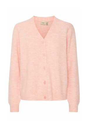 Lichtroze cardigan van zacht materiaal, met een v-hals, zes knopen aan de voorkant en geribbelde manchetten en zoom.
