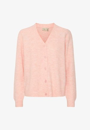 Cardigan de color rosa claro hecho de material suave, con escote en V, seis botones en la parte delantera y puños y dobladillo de punto acanalado.