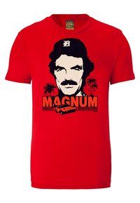 Red cotton t-shirt featuring a black graphic of a man’s face with a mustache, text "MAGNUM PRIVATE INVESTIGATOR," and palm tree accents.