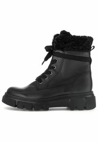 Sorte læder ankelstøvler med en faux fur krave, rund tå og tyk gummisål. Har metaløjer og snørelukning.