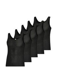 Cinque canotte nere in totale, realizzate in tessuto morbido. Presentano una scollatura ampia e spalline strette. Texture liscia, senza motivi.