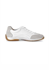 White sneaker with gray suede accents, round toe, lace-up design, textured rubber sole, and smooth leather finish.