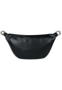 Zwarte leren handtas met een gladde, gestructureerde oppervlakte. Gebogen vorm met afgeronde uiteinden en metalen hardware ringen aan beide zijden.