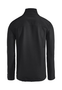 Veste noire à manches longues en tissu lisse et léger. Dotée d'un col montant et d'un design simple sans motifs ni accents.