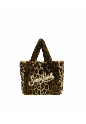 Bolso tote de estampado de leopardo hecho de suave pelo sintético, con dos asas resistentes y el logotipo bordado "Saint Barth" en la parte frontal.