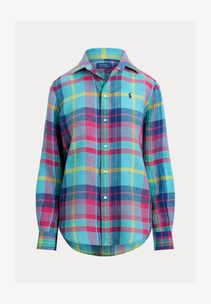 Modrá károvaná košeľa s viacfarebnými kockami v ružovej, žltej a fialovej farbe. Zapínanie na gombíky s klasickým golierom a dlhými rukávmi.