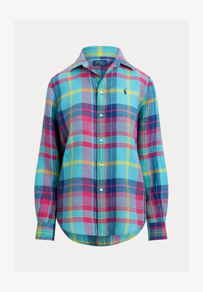 Μπλε πουκάμισο καρό με πολύχρωμα καρό μοτίβα σε ροζ, κίτρινο και μοβ. Κουμπώνει με κουμπιά, κλασικό γιακά και μακριά μανίκια.