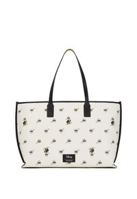 Witte tote bag met zwarte accenten, voorzien van herhaalde cartoonfiguren. Glad synthetisch materiaal, twee schouderbanden en een reliëflogo.