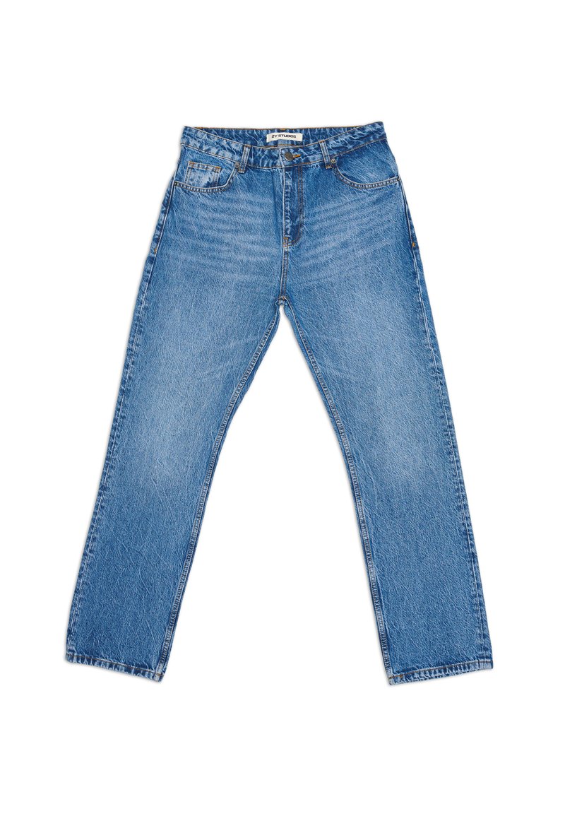 Hele sinised teksad, millel on sirge sääreosa, viis taskut ja õrn pleekimine. Vöökohal on nööp ja lukk.