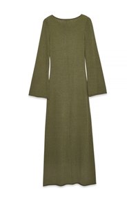 Dlhé olivovozelené pletené šaty s okrúhlym výstrihom a rozšírenými rukávmi; má stredový šev na chrbte a mierne vykrojený lem.