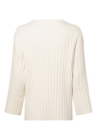 Cream ribbed sweater with a loose fit, three-quarter sleeves, and a wide neckline. The texture is soft with vertical stripe detailing.