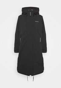 Long manteau d'hiver noir à capuche avec fermeture éclair frontale, poches latérales zippées, poignets élastiques et cordons à la capuche et à l'ourlet.