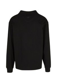 Black long-sleeve polo shirt, featuring a collar, soft texture, and ribbed cuffs. Simple and minimalistic design, no visible patterns or logos.