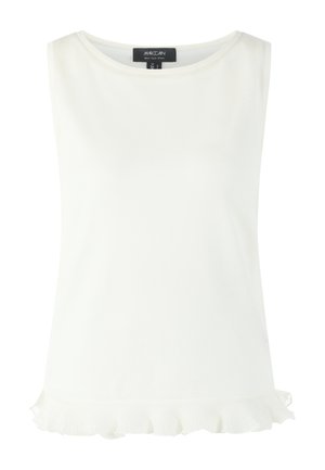 White sleeveless top with round neckline and ruffled hem, Marc Cain brand label visible inside collar.