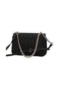 Borsa a tracolla nera con un motivo a onda testurizzato, dotata di una catena argentata e di una tracolla in pelle. Chiusura con zip nella parte superiore.