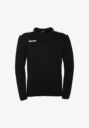 Langærmet sort sweatshirt lavet af blødt stof, med en hvid stribe på skuldrene og "Kempa" logoet på brystet.